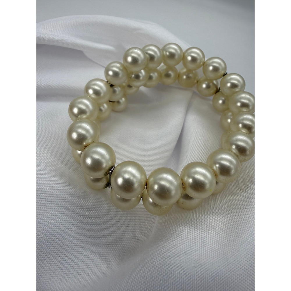 Vintage Double Row Faux Pearl Stretch Bracelet Cream Ivory Beaded 25897AJ - Picture 3 of 7